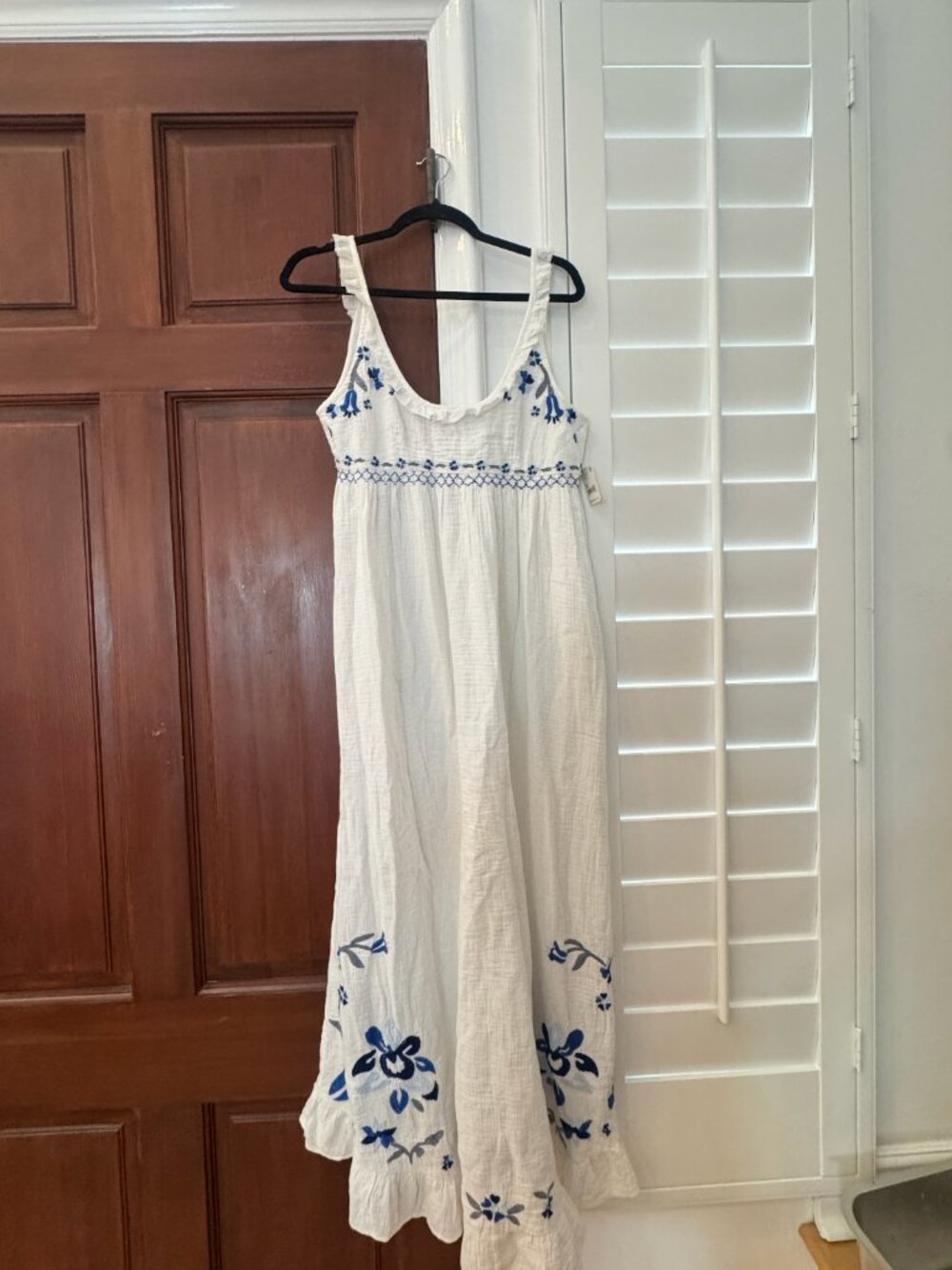 Free People white Maxi Dress with Blue Embroidery. NWT